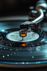 Close-up view of a turntable needle playing a record.