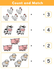 Fototapeta premium Count and Match Worksheet. Counting educational children game. Math kids activity sheet. How many counting game with cute farm animals illustration.