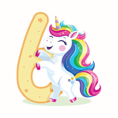 Birthday party invitation, template with cute and happy unicorn with multi-colored hair and number 6 on white background. Vector illustration in flat cartoon style