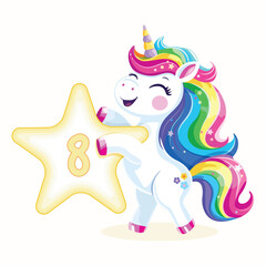 Birthday party invitation, template with cute and happy unicorn with multi-colored hair and number 8 on white background. Vector illustration in flat cartoon style