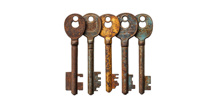 Five Vintage Rusty Skeleton Keys. Symbol Of History And Unlocking Secrets Isolated On Transparent Background - Powered by Adobe