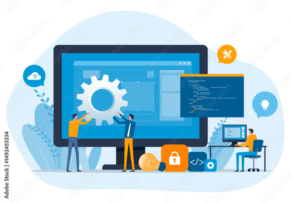 Leinwandbilder web design and web application design process concept. with a web designer and developer programmer team working together. flat vector illustration design concept 
