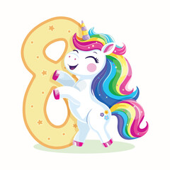 Birthday party invitation, template with cute and happy unicorn with multi-colored hair and number 8 on white background. Vector illustration in flat cartoon style