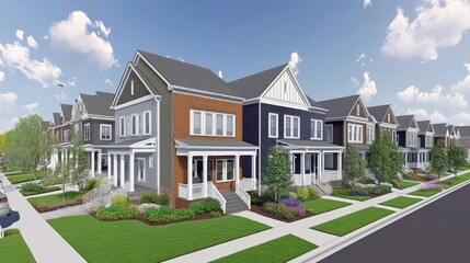 Clean-lined modern housing development featuring consistent brickwork and white trim