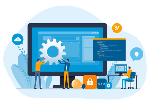 web design and web application design process concept. with a web designer and developer programmer team working together. flat vector illustration design concept 
