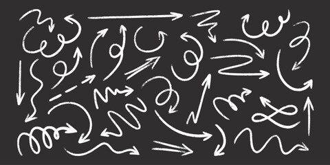 Chalk arrow doodles set on blackboard - hand drawn white swirls, curves, pointers. Artistic pencil sketches, chaotic strokes grunge design elements pack. Crayon scribbles marker outlines.