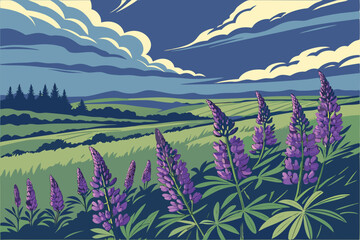 149 vast field of vibrant purple lupins, lush green foliage, dramatic blue sky with wispy clouds, serene and tranquil landscape, stunning natural scenery, breathtaking outdoor vista, hyperealistic, de