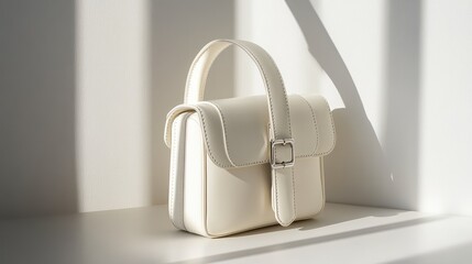 Compact structured crossbody with slim metal buckle and soft shadows on white surface