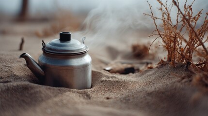 Steam rises from a metal kettle nestled in the sand, hinting at a desert tea ritual amidst barren sands.
