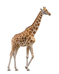 Naklejka premium Gentle Giant of the Savannah: A captivating, full-body shot of a graceful giraffe, showcasing its unique coat pattern and towering height, epitomizing the beauty of African wildlife.