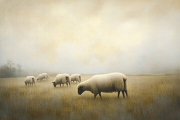 Flock of sheep grazing in a misty rural field, soft lighting and muted tones evoke a peaceful, pastoral atmosphere.