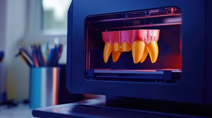 Digital interface of a D printer displaying progress of tooth printing process