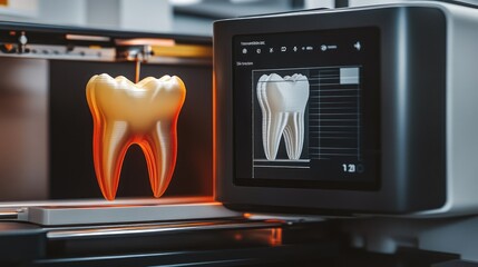 Digital interface of a D printer displaying progress of tooth printing process