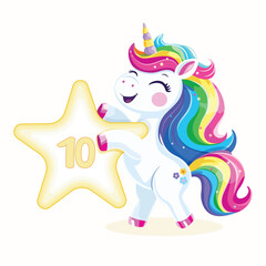 Birthday party invitation, template with cute and happy unicorn with multi-colored hair and number 10 on white background. Vector illustration in flat cartoon style