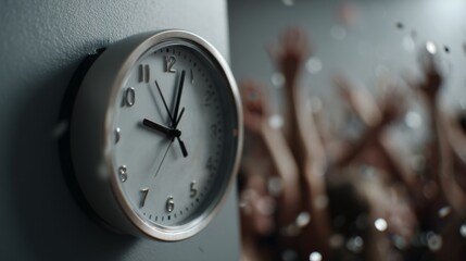 A wall clock shows time passing amid a blur of celebration, arms raised and confetti falling in the background.