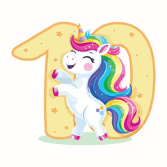 Birthday party invitation, template with cute and happy unicorn with multi-colored hair and number 10 on white background. Vector illustration in flat cartoon style