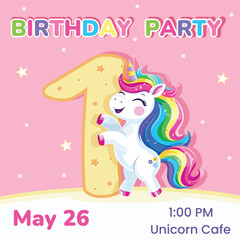 Birthday party invitation with number 1. Template with cute and happy unicorn with multi-colored hair and star. Poster, Banner, Flyer. Vector illustration in flat cartoon style