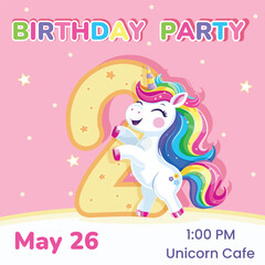 Birthday party invitation with number 2. Template with cute and happy unicorn with multi-colored hair and star. Poster, Banner, Flyer. Vector illustration in flat cartoon style