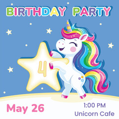 Birthday party invitation with number 4. Template with cute and happy unicorn with multi-colored hair and star. Poster, Banner, Flyer. Vector illustration in flat cartoon style