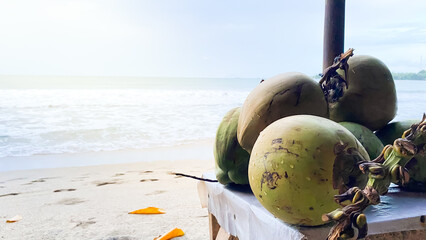 Fresh coconuts on tropical beach with sea view. Perfect for summer, vacation, exotic fruit,...