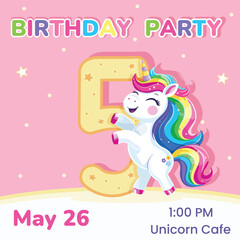 Birthday party invitation with number 5. Template with cute and happy unicorn with multi-colored hair and star. Poster, Banner, Flyer. Vector illustration in flat cartoon style