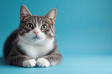 Fototapeta premium Studio shot of funny fat gray and white cat lying on blue background, looking at camera,concept of obesity in pets