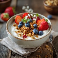 Delicious breakfast bowl with yogurt granola strawberries and blueberries close up shot food photography