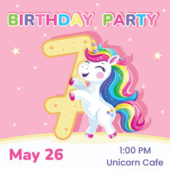 Birthday party invitation with number 7. Template with cute and happy unicorn with multi-colored hair and star. Poster, Banner, Flyer. Vector illustration in flat cartoon style