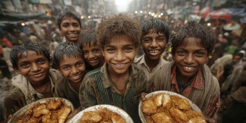 Happy Indian Children Enjoy Food on Crowded, Dirty Streets