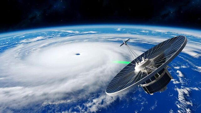 Futuristic satellite in Earth orbit aims green laser into a massive hurricane's eye. Space tech for weather/climate observation, research, or geoengineering concept.