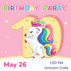 Birthday party invitation with number 10. Template with cute and happy unicorn with multi-colored hair and star. Poster, Banner, Flyer. Vector illustration in flat cartoon style