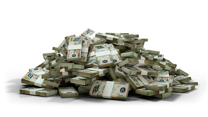 3d rendering of Stacks of 1000 United Arab Emirates dirham notes. bundles of UAE currency notes isolated on transparent background