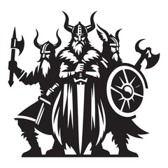 Three viking warriors with shield and axes silhouette illustration