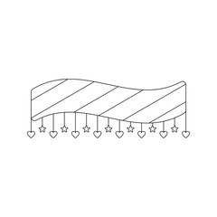 Party Ribbon Banner Line art style, decorative striped ribbon with hanging hearts, perfect for birthday themes or cheerful layouts.