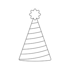 Striped Party Hat Line art style, conical striped party hat with flower top, used in celebration scenes or party related graphics.