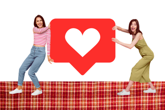 Collage 3d image of pinup pop retro sketch of excited funny beautiful young female hold heart icon social media best friends smm manager