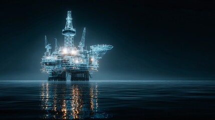Offshore Platform: A blue, wireframe-like structure stands in the dark ocean, its lights reflecting on the water, symbolizing energy, industry, & exploration.