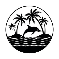 Black and White Tropical Island Silhouette with Dolphin and Palm Trees