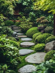 Serene Zen Garden Path with Moss and Stone Steps Leading Through Lush Greenery Landscape View
