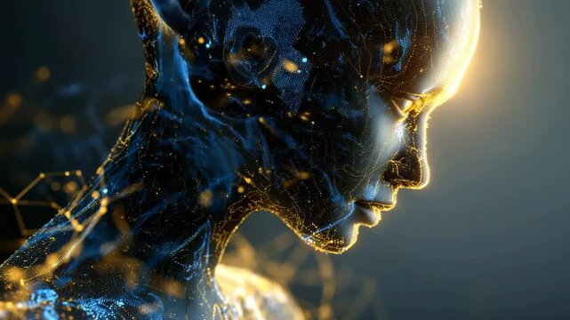 Conceptual representation of artificial intelligence and futuristic technology featuring a human-like digital profile illuminated by glowing neon lights and dynamic abstract networks 