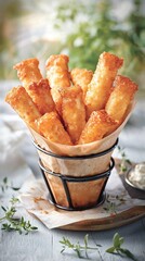 Crispy, golden-brown cheese sticks in a paper cone