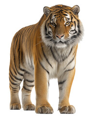 Obraz premium Regal Tiger Portrait: A majestic tiger stands tall, showcasing its striking orange and black stripes, embodying power and grace, the king of the jungle.