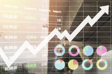 Stock financial index show successful investment on infrastructure industry with graph, chart, candlesticks and arrow up symbol on overpass superhighway structure background.
