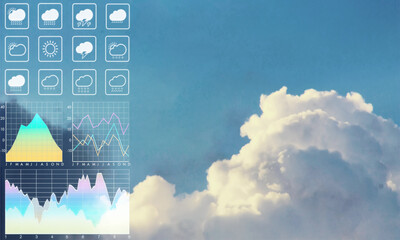 Aerial view of cloudscape form aircraft show cloud formation with graph and chart data diagram weather symbol for meteorology presentation background.
