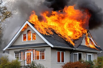 a house burning, where devastating fire, engulfing flames, and thick smoke cause destruction and disaster, highlighting the critical need for emergency rescue, property safety, and accident prevention