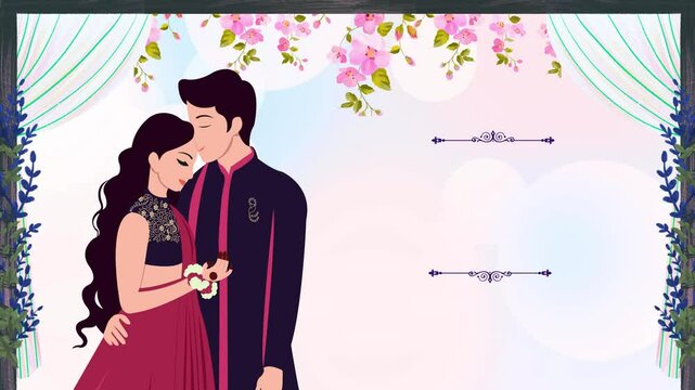 A couple on their wedding day with an elegant floral border with vibrant flowers.