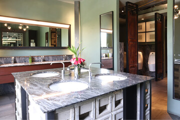 Retro public toilet show variety of materials on sink, wooden door and mirror to promote classic atmosphere.

