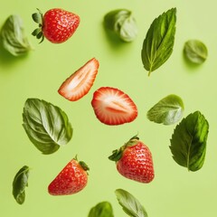 Fototapeta premium Fresh strawberries and basil leaves floating on a green background studio shot healthy eating concept summer ingredients culinary herb