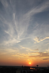 Aerial view of sunrise in suburb area with freshness atmosphere on tropical summer season beautiful clear sky.Image use for travel and meteorology forecast background.
