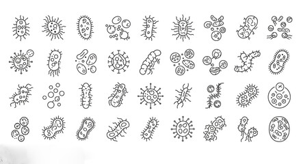 A collection of various bacteria and virus shapes in line art style isolated on a white background drawing
